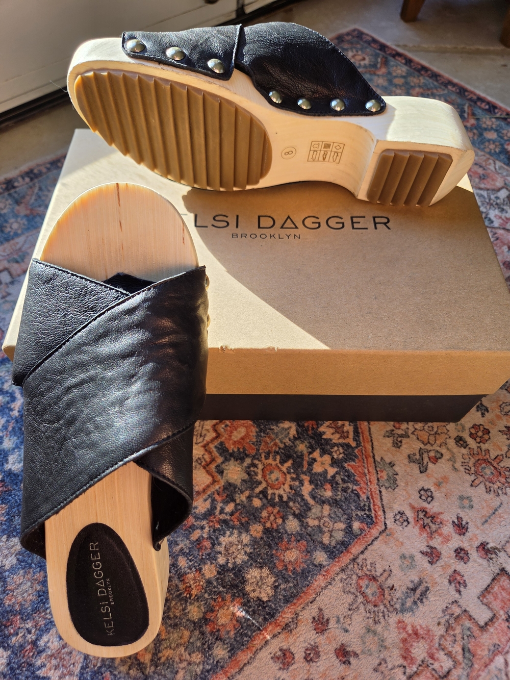Kelsi Dagger Black Leather Crossover Wood Platform Clogs 8 EUC